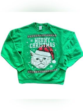 Jerzees Meowy Christmas Cat Ugly Christmas Sweatshirt Unisex Medium Green